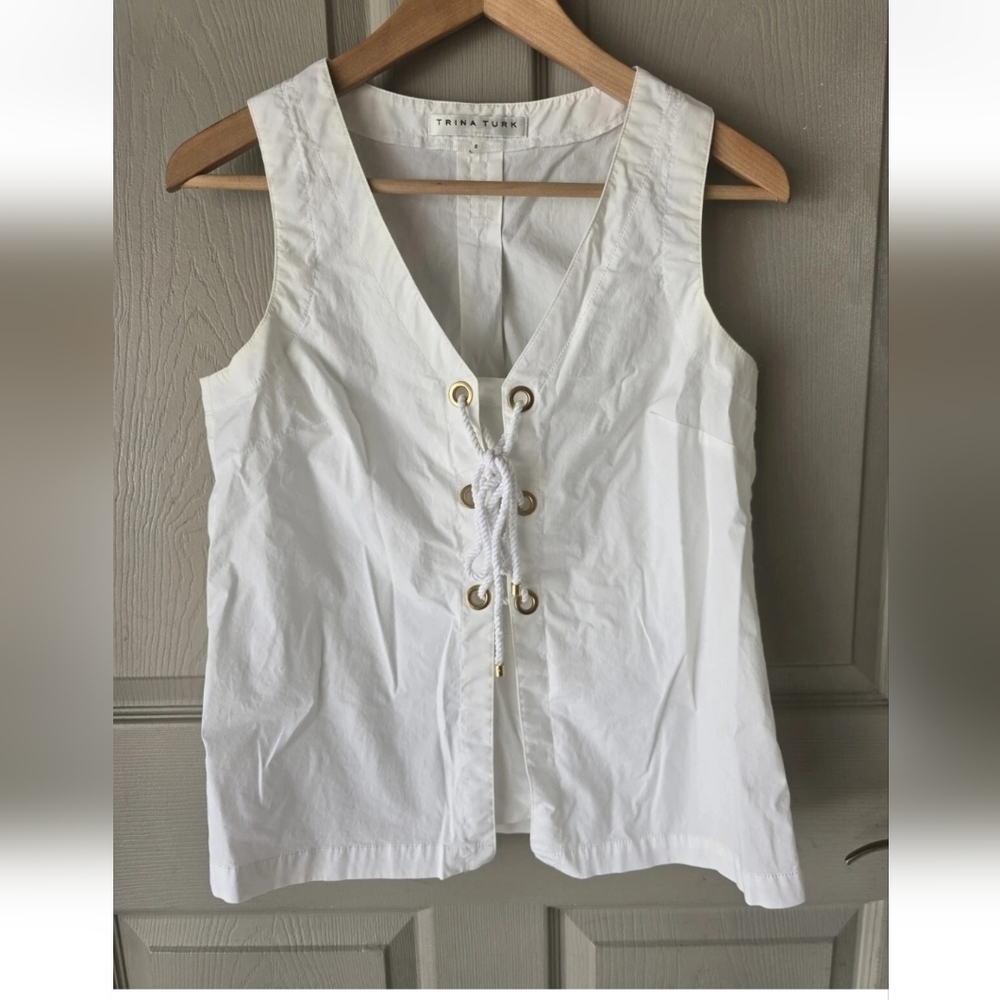 Trina Turk White Nautical Lace-Up Sleveless Top Sz S Tie Front Normcore - Picture 6 of 11